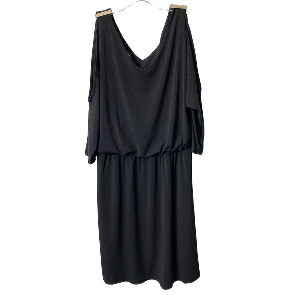 INC International Concepts Black Open Cut Shoulder Dress Gold Accents MEDIUM
